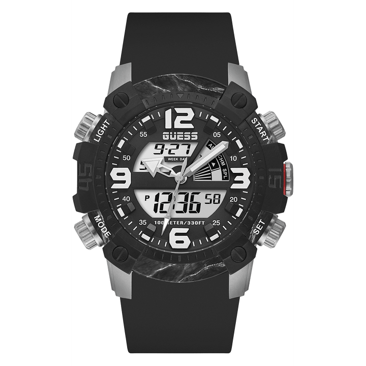 GUESS Mens Black Silver Tone Digital Watch