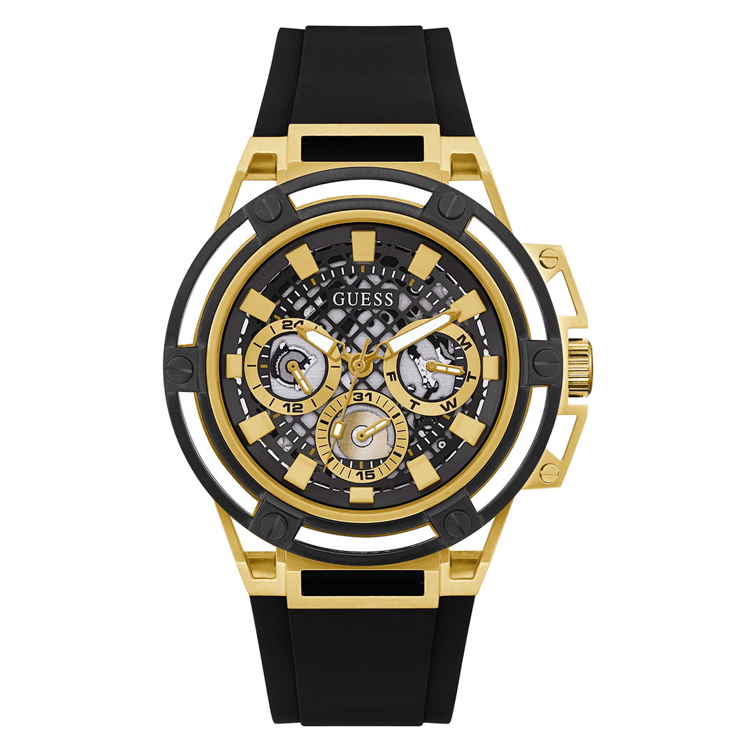 GUESS Mens Black Gold Tone Multi-Function Watch