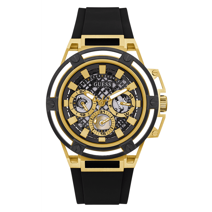 GUESS Mens Black Gold Tone Multi-Function Watch