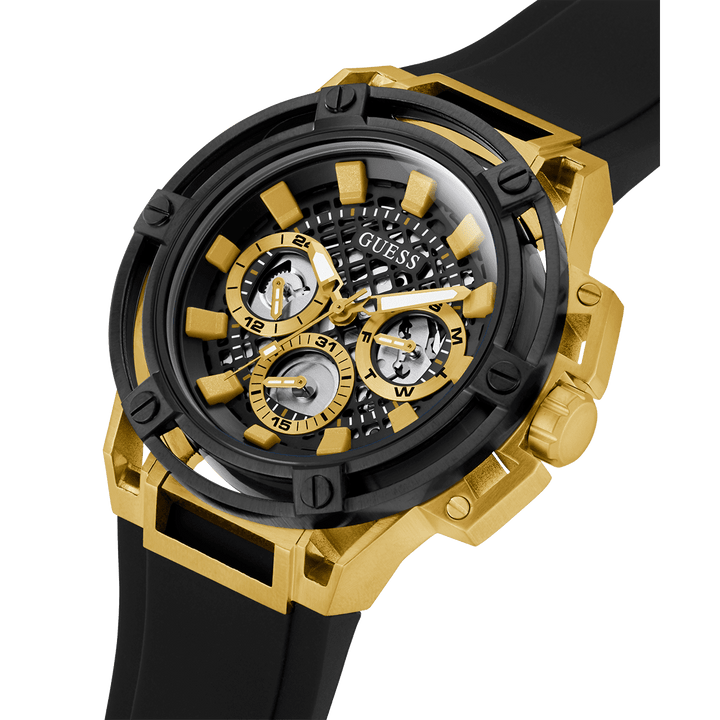 GUESS Mens Black Gold Tone Multi-Function Watch