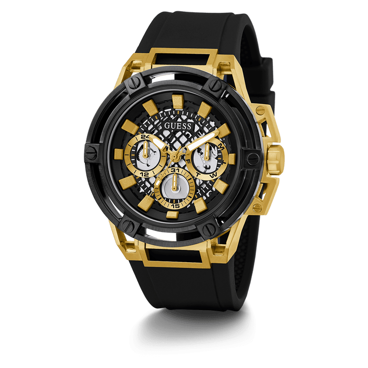 GUESS Mens Black Gold Tone Multi-Function Watch