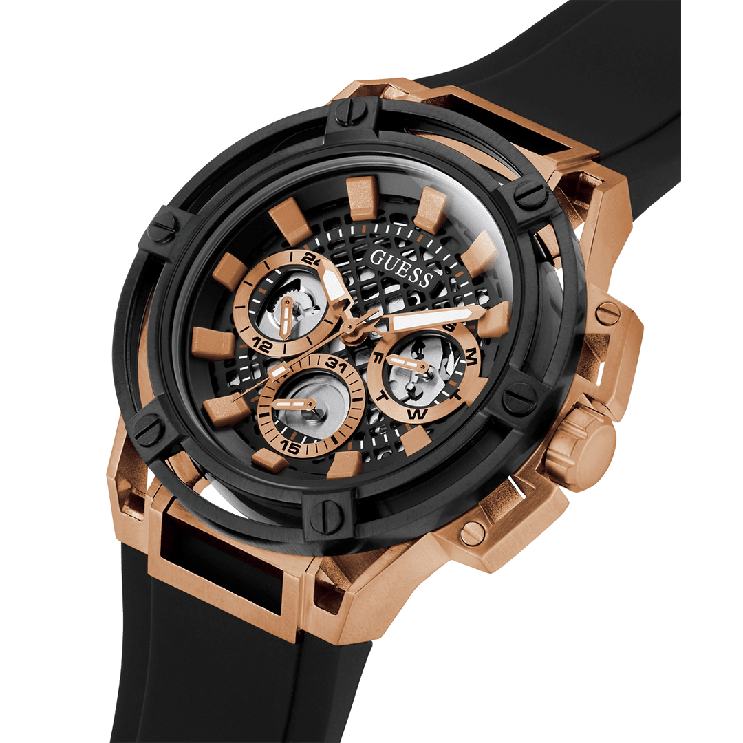 GUESS Mens Black Rose Gold Tone Multi-Function Watch