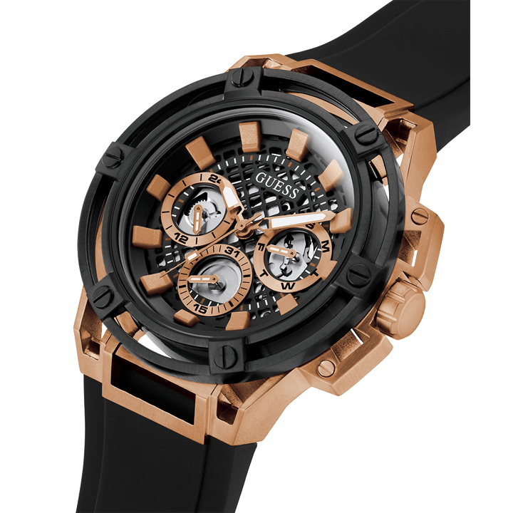 GUESS Mens Black Rose Gold Tone Multi-Function Watch