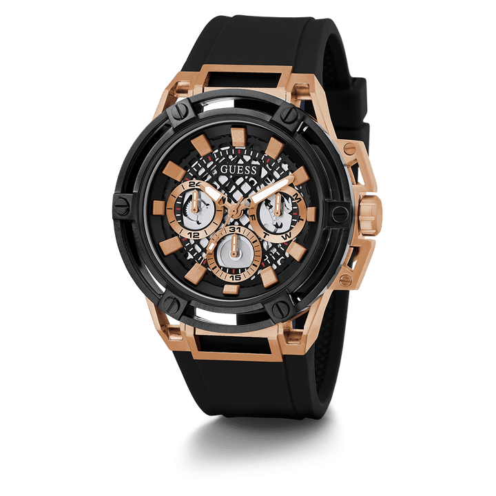 GUESS Mens Black Rose Gold Tone Multi-Function Watch