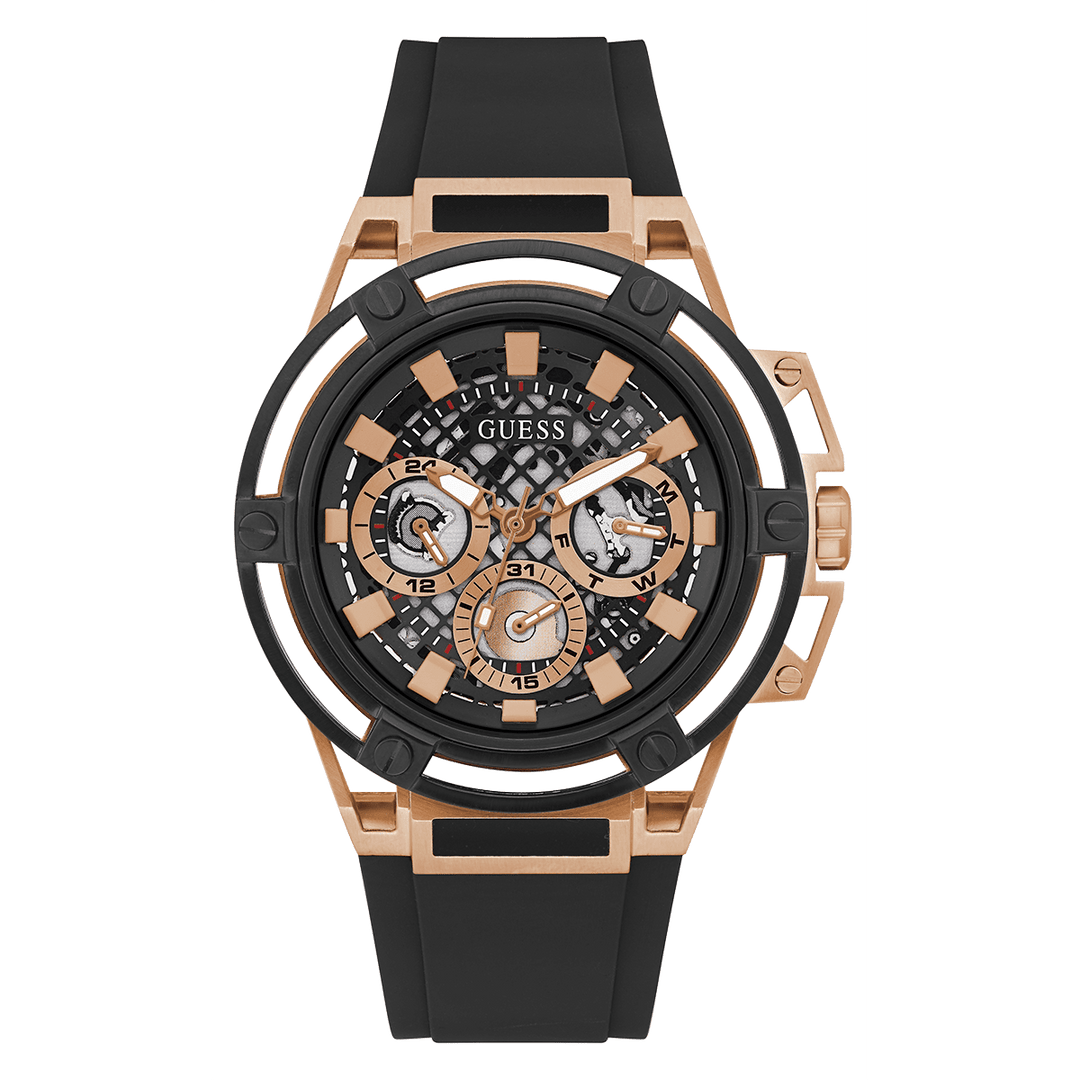GUESS Mens Black Rose Gold Tone Multi-Function Watch