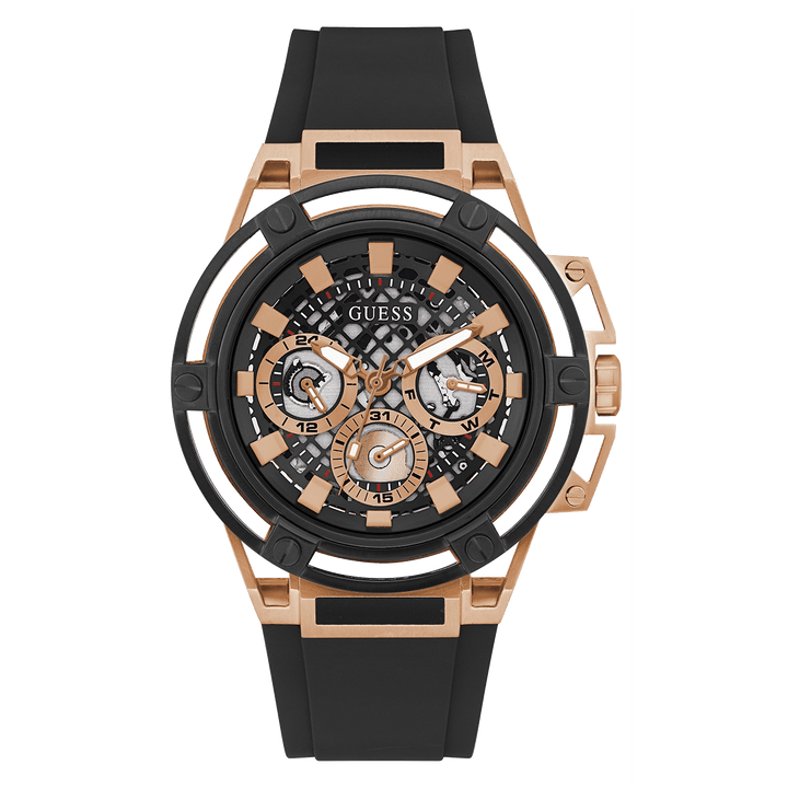 GUESS Mens Black Rose Gold Tone Multi-Function Watch