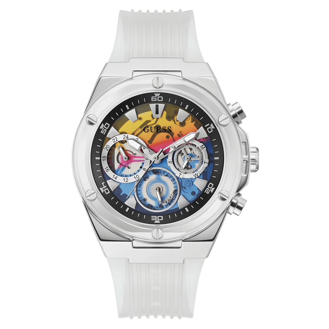 GUESS Mens Clear Silver Tone Multi-Function Watch