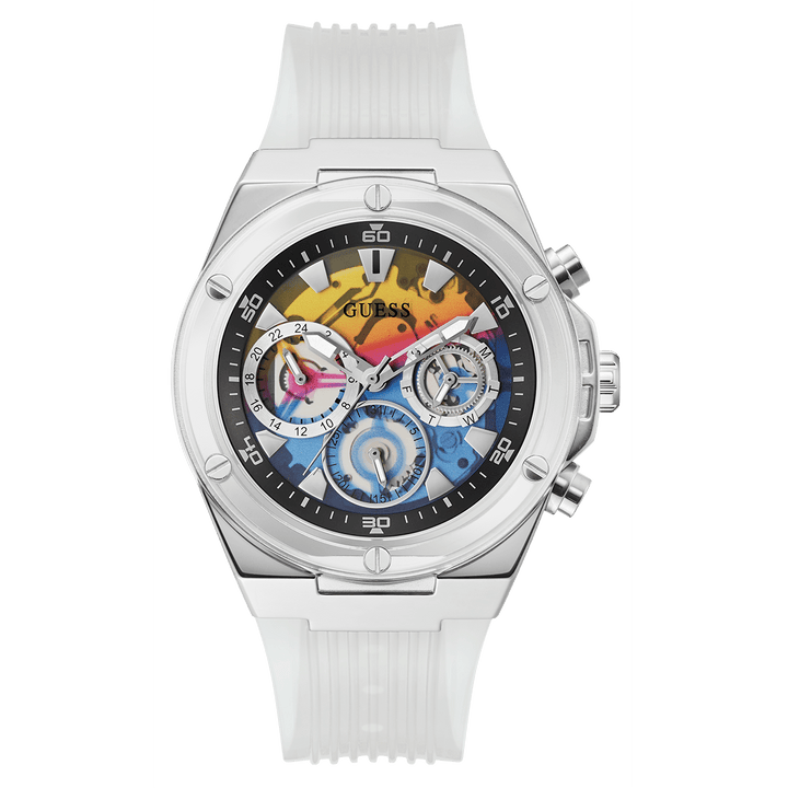 GUESS Mens Clear Silver Tone Multi-Function Watch