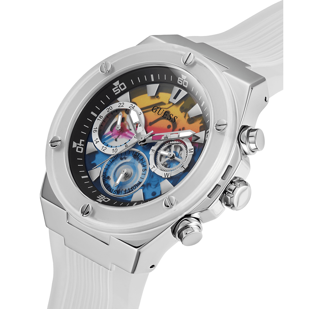 GUESS Mens Clear Silver Tone Multi-Function Watch