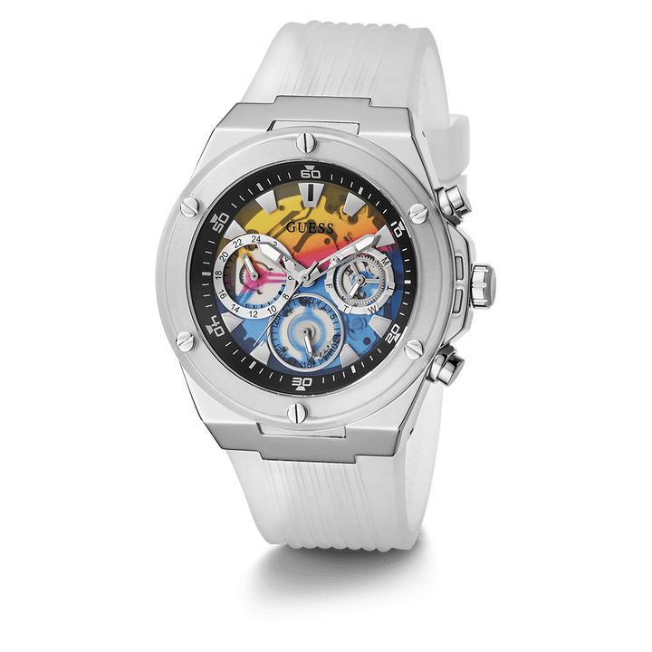 GUESS Mens Clear Silver Tone Multi-Function Watch