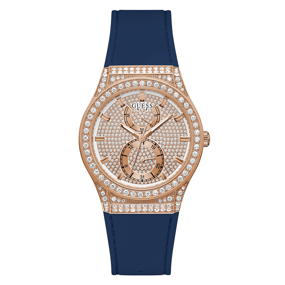 GUESS Ladies Blue Rose Gold Tone Multi-Function Watch