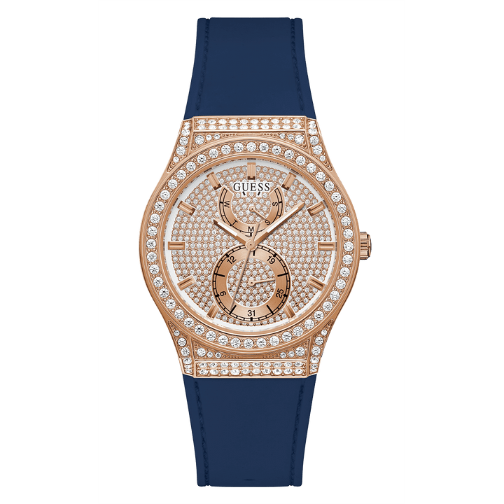 GUESS Ladies Blue Rose Gold Tone Multi-Function Watch