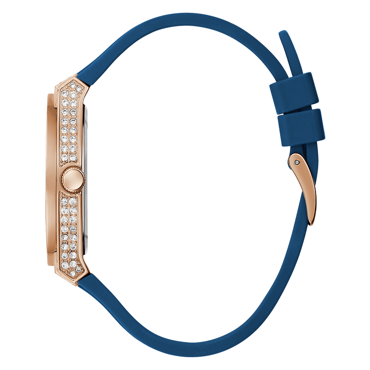 GUESS Ladies Blue Rose Gold Tone Multi-Function Watch