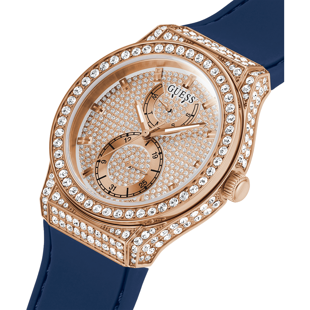 GUESS Ladies Blue Rose Gold Tone Multi-Function Watch