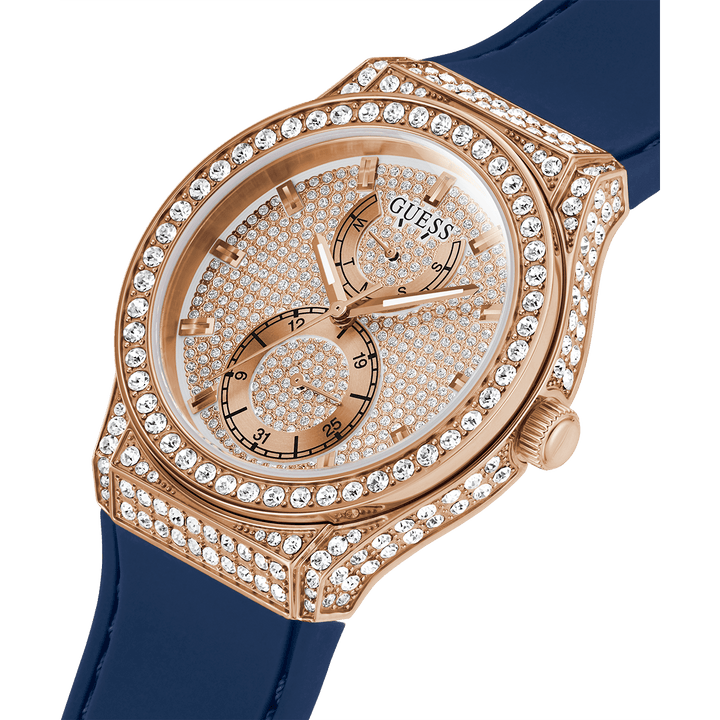 GUESS Ladies Blue Rose Gold Tone Multi-Function Watch