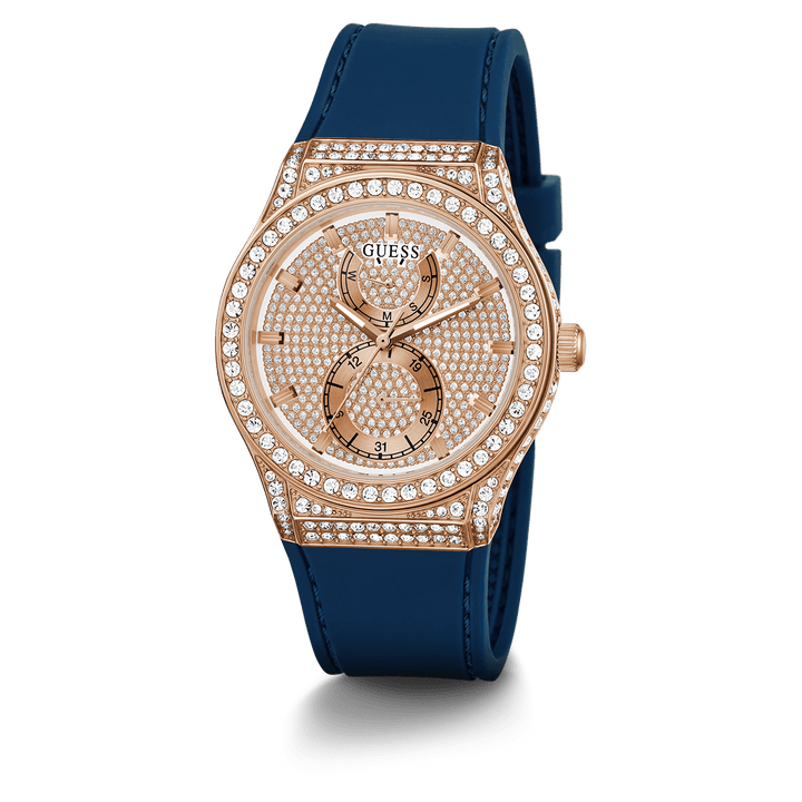 GUESS Ladies Blue Rose Gold Tone Multi-Function Watch