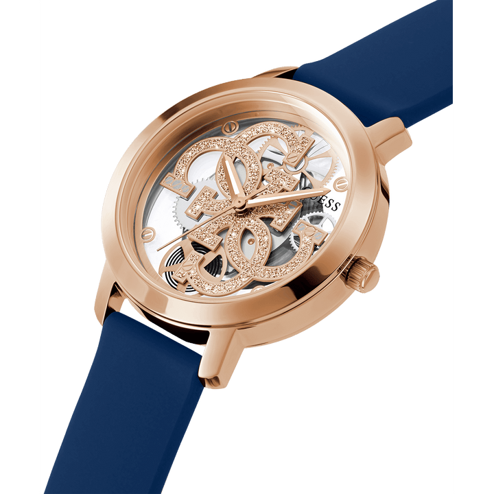 GUESS Ladies Blue Rose Gold Tone Analog Watch