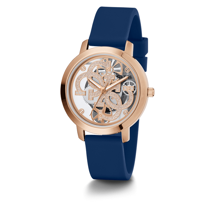 GUESS Ladies Blue Rose Gold Tone Analog Watch