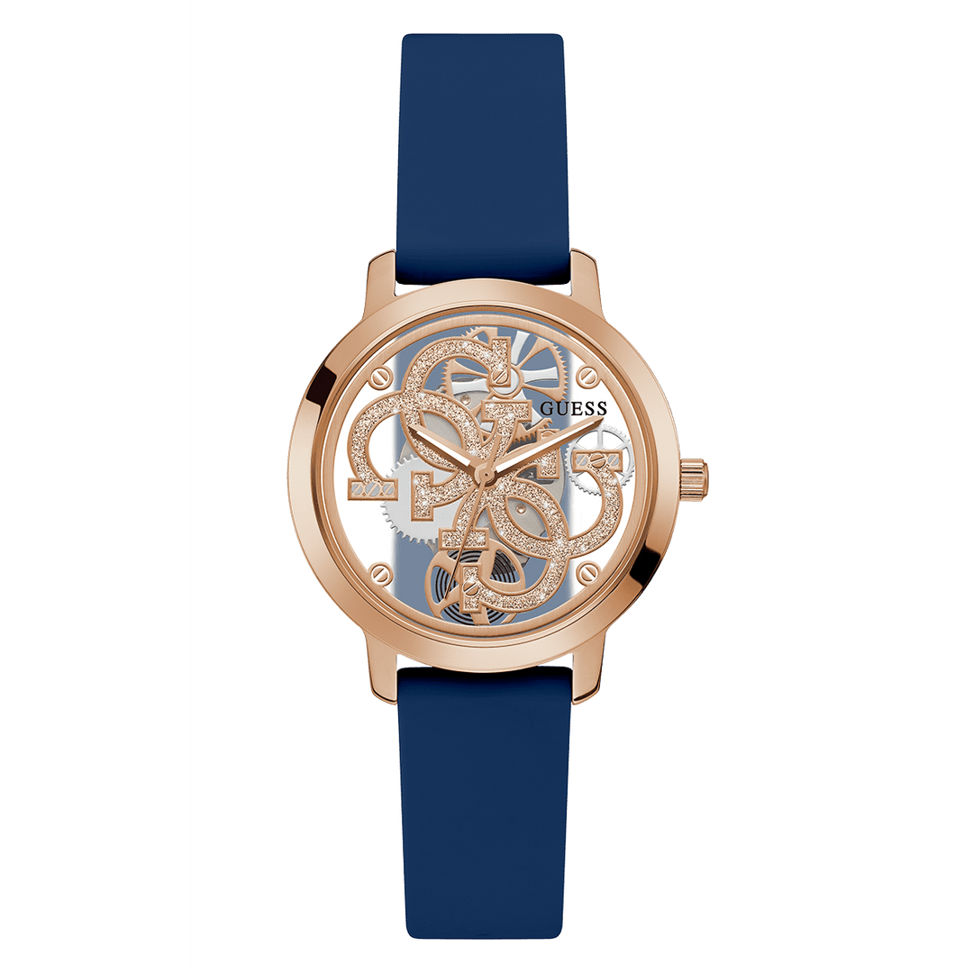 GUESS Ladies Blue Rose Gold Tone Analog Watch