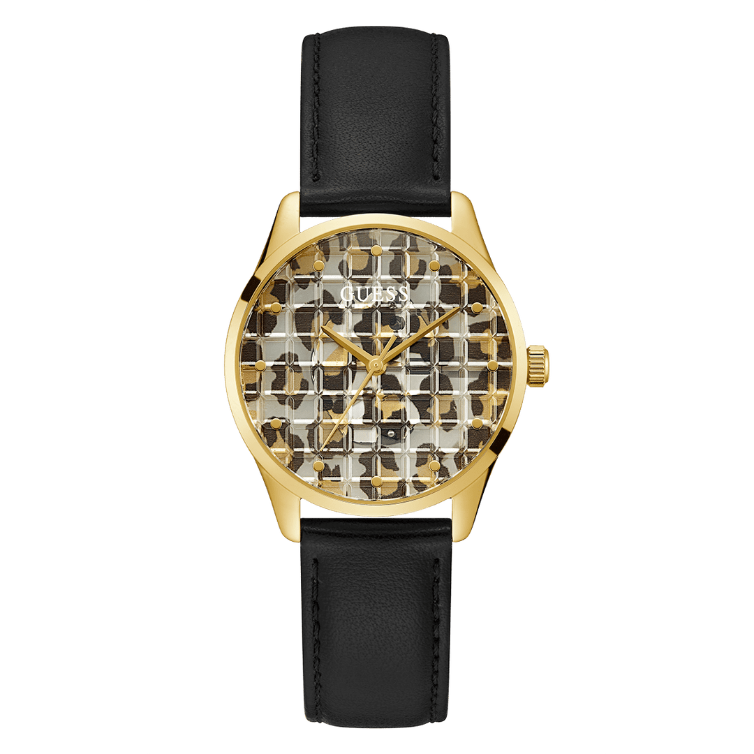 GUESS Ladies Black Gold Tone Analog Watch