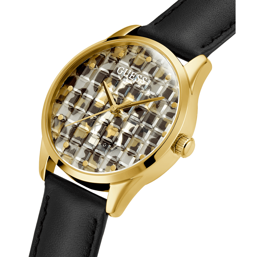 GUESS Ladies Black Gold Tone Analog Watch