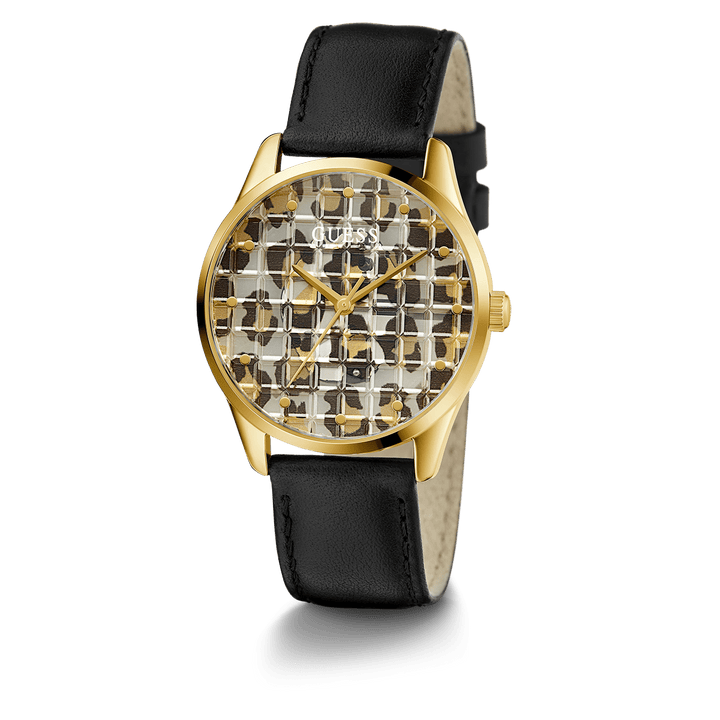 GUESS Ladies Black Gold Tone Analog Watch