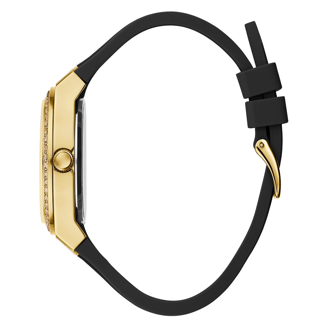 GUESS Ladies Black Gold Tone Analog Watch