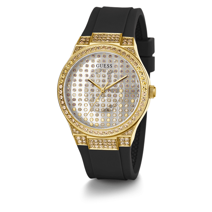 GUESS Ladies Black Gold Tone Analog Watch