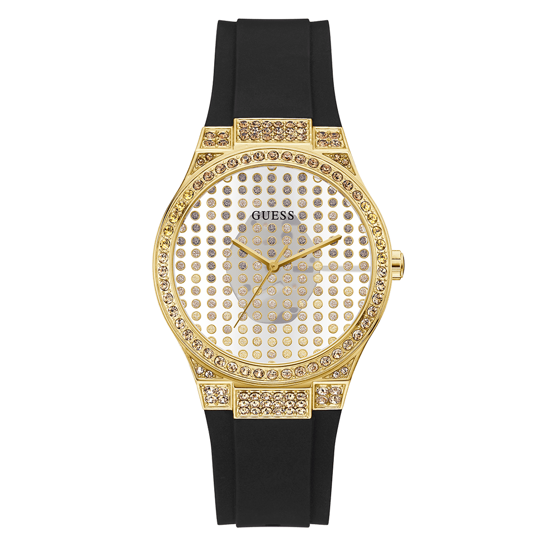GUESS Ladies Black Gold Tone Analog Watch