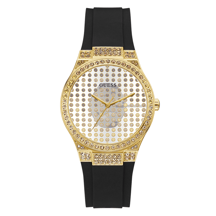 GUESS Ladies Black Gold Tone Analog Watch