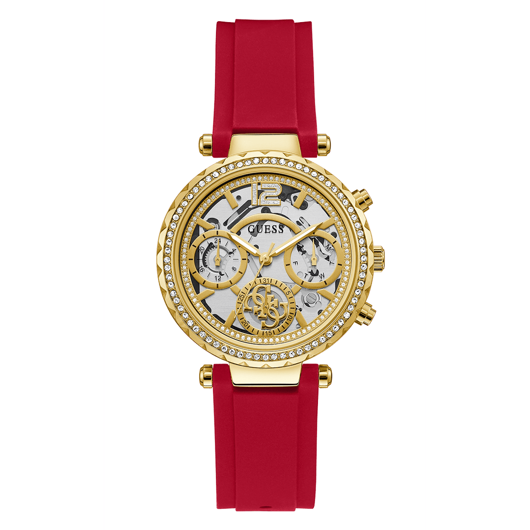 GUESS Ladies Red Gold Tone Multi-Function Watch