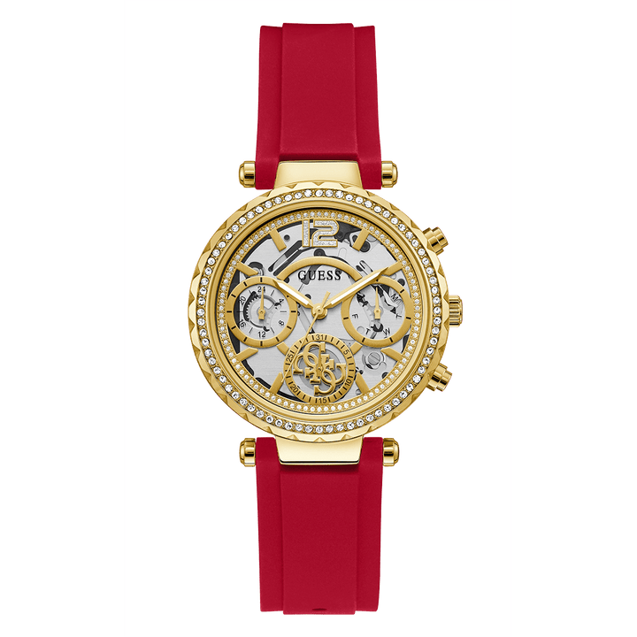 GUESS Ladies Red Gold Tone Multi-Function Watch