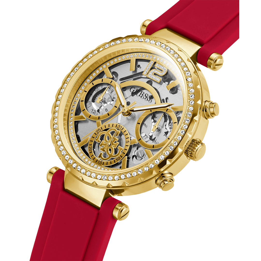 GUESS Ladies Red Gold Tone Multi-Function Watch