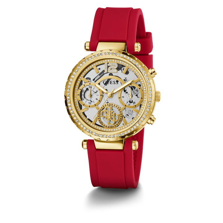 GUESS Ladies Red Gold Tone Multi-Function Watch