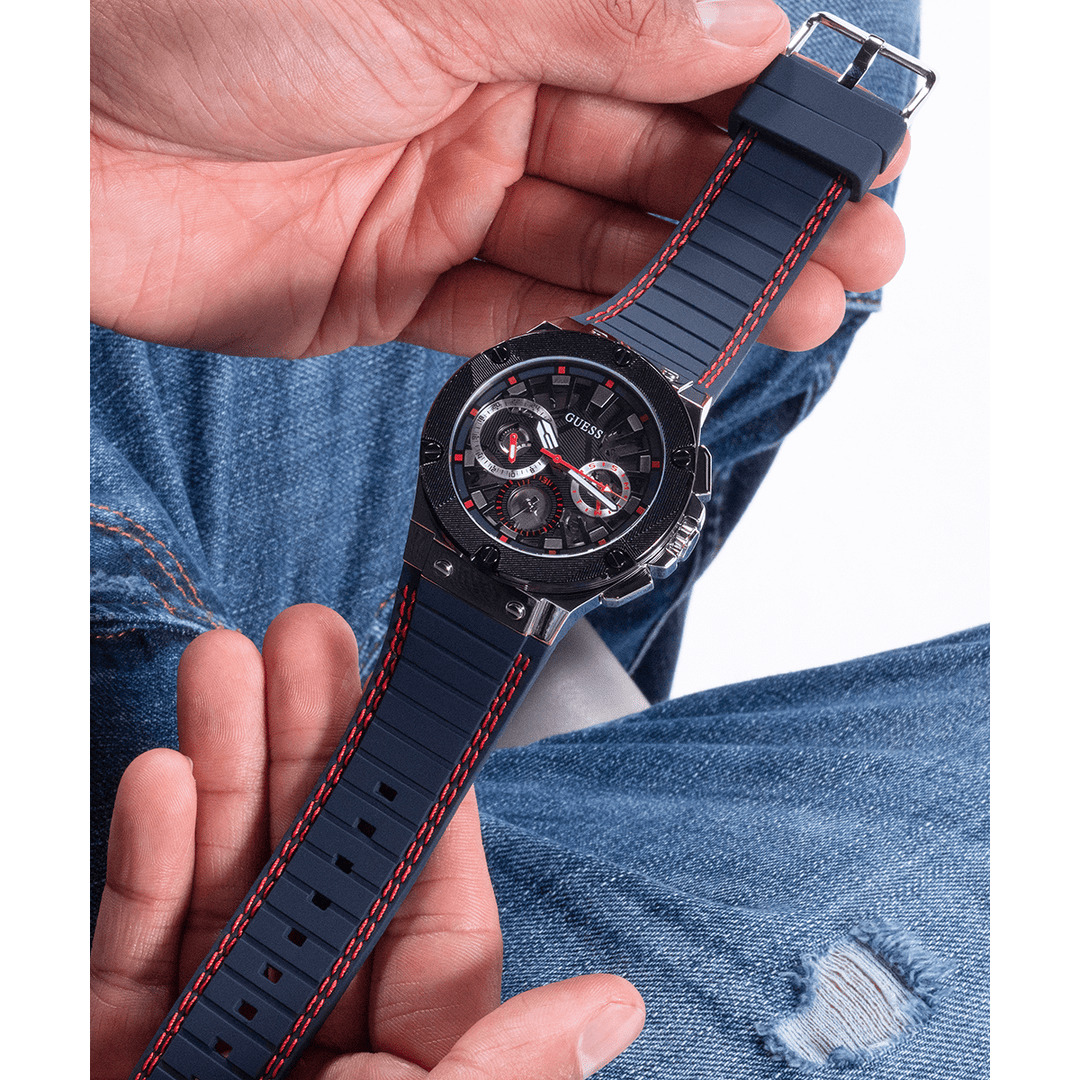 GUESS Mens Navy Silver Tone Multi-Function Watch