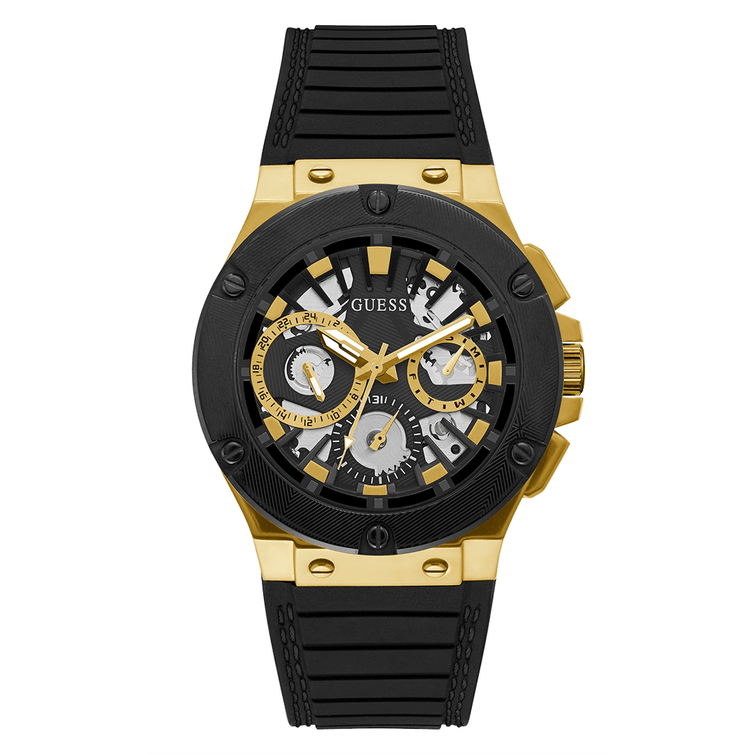 GUESS Mens Black Gold Tone Multi-Function Watch