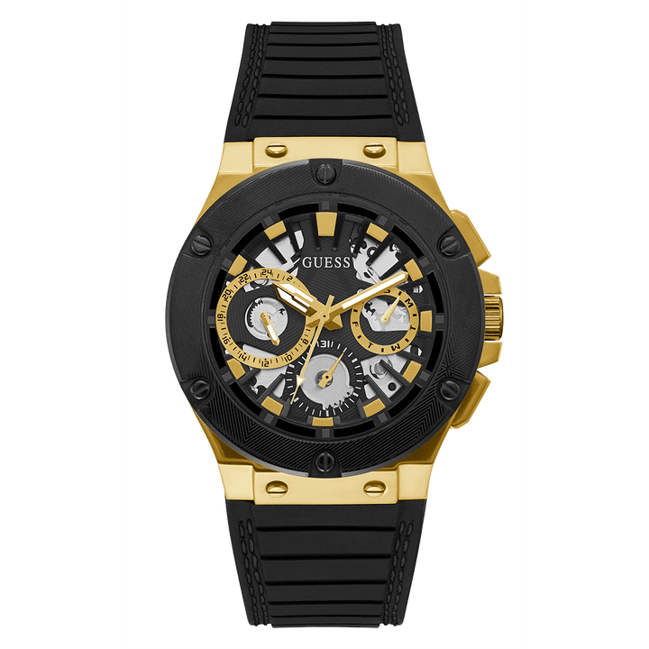 GUESS Mens Black Gold Tone Multi-Function Watch