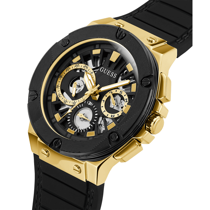 GUESS Mens Black Gold Tone Multi-Function Watch