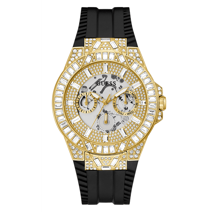 GUESS Mens Black Gold Tone Multi-Function Watch