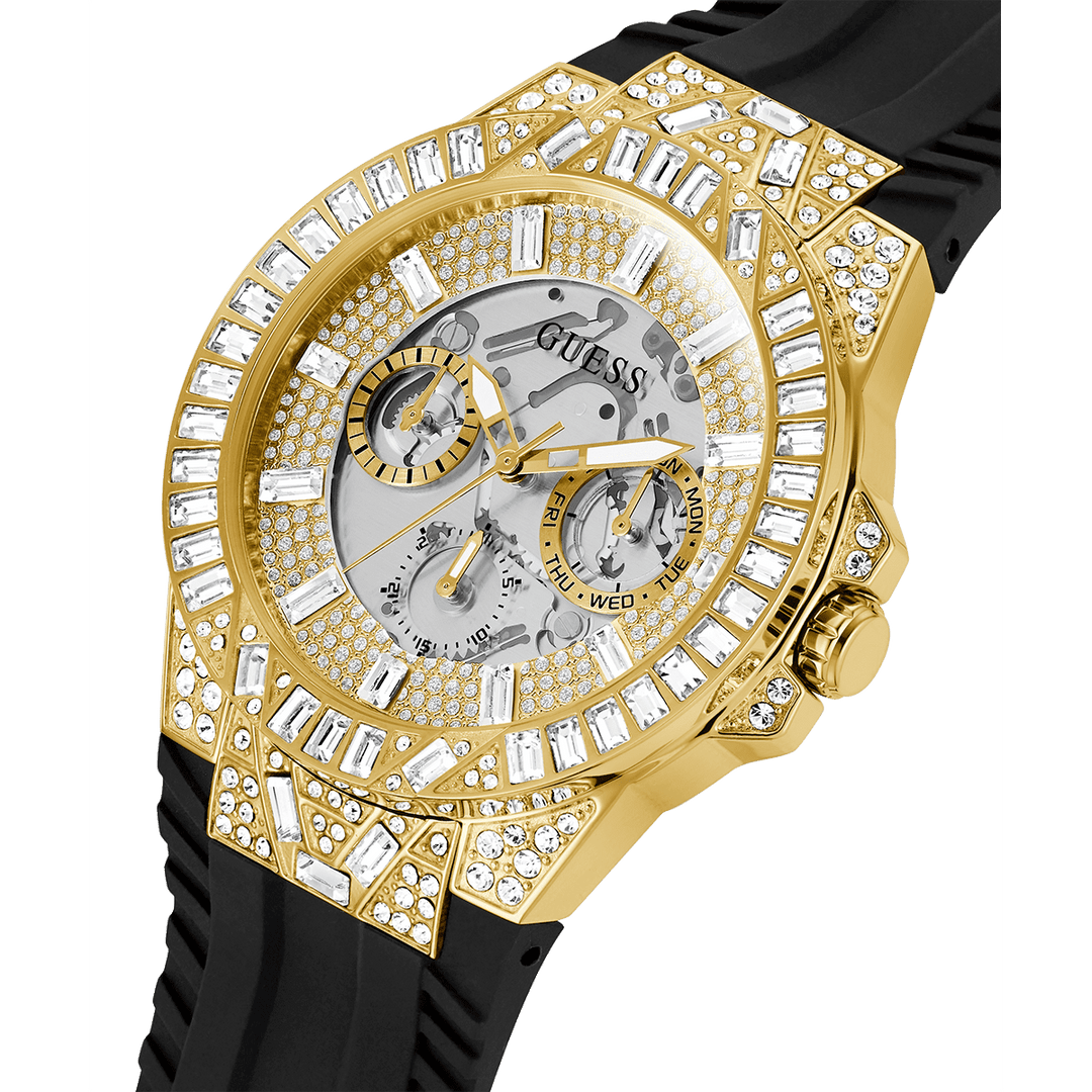 GUESS Mens Black Gold Tone Multi-Function Watch