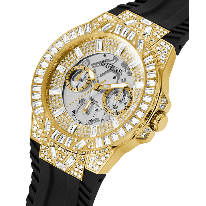 GUESS Mens Black Gold Tone Multi-Function Watch