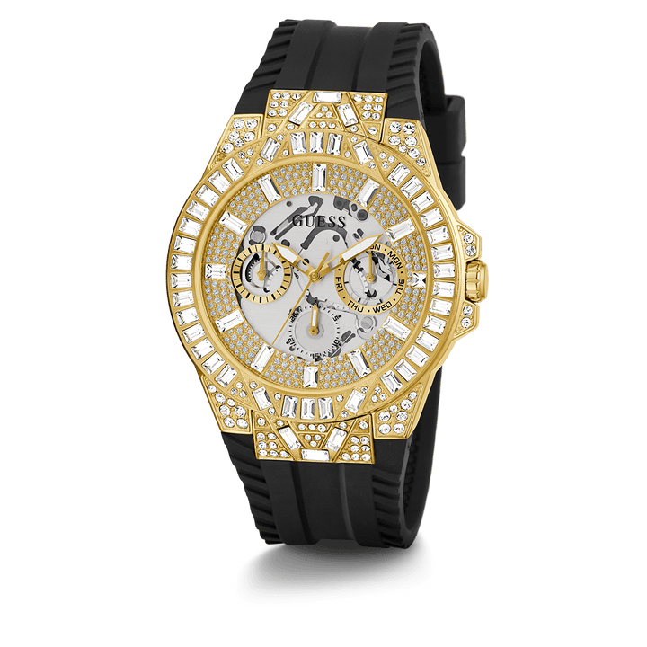GUESS Mens Black Gold Tone Multi-Function Watch