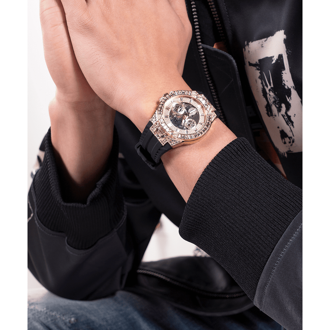 GUESS Mens Black Gold Tone Multi-Function Watch