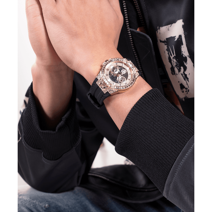 GUESS Mens Black Gold Tone Multi-Function Watch