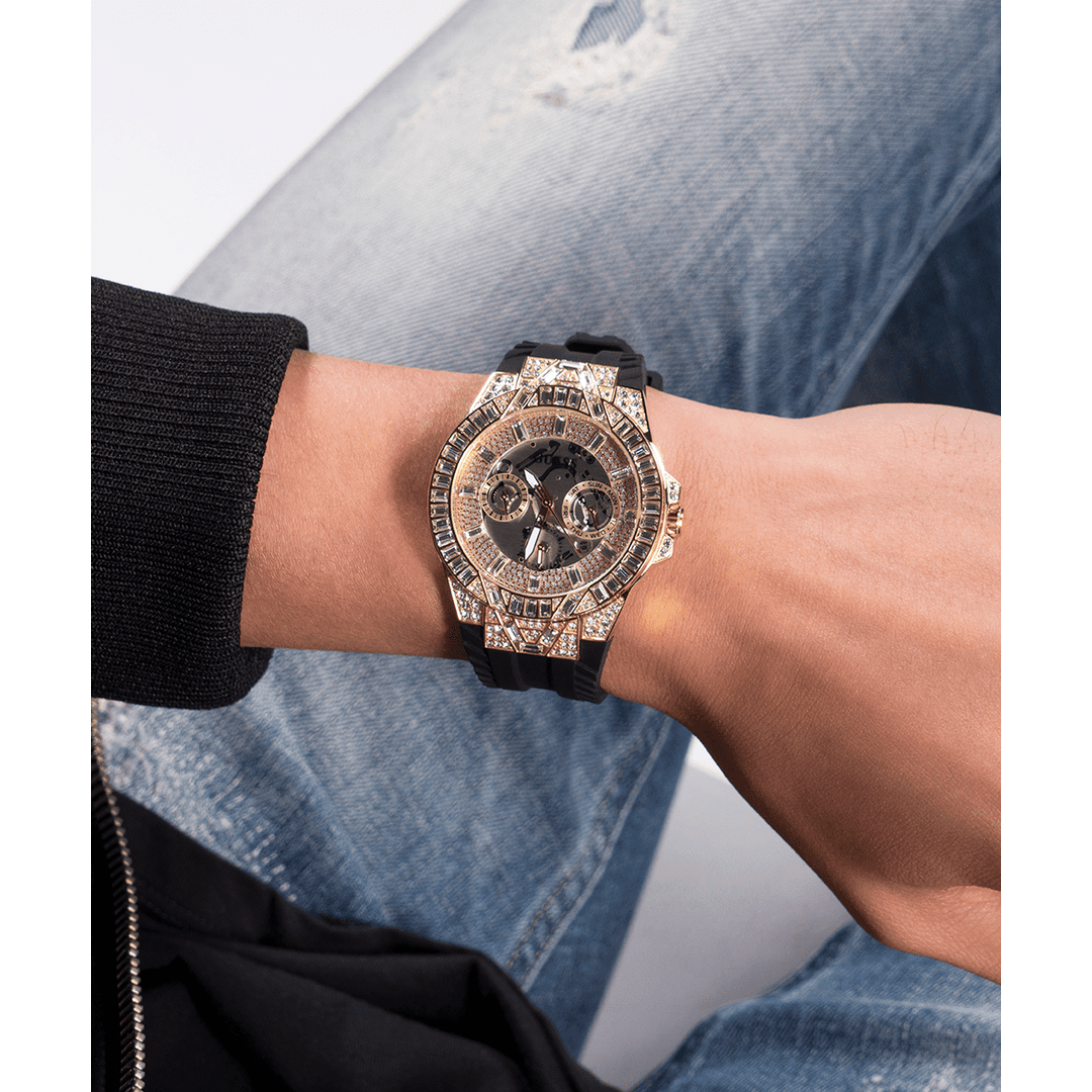 GUESS Mens Black Gold Tone Multi-Function Watch