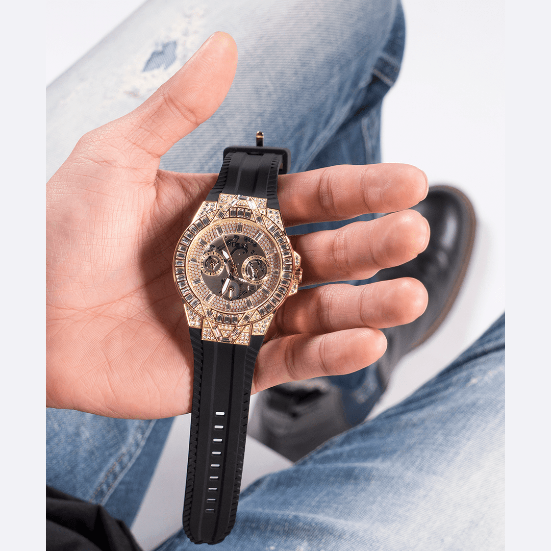 GUESS Mens Black Gold Tone Multi-Function Watch