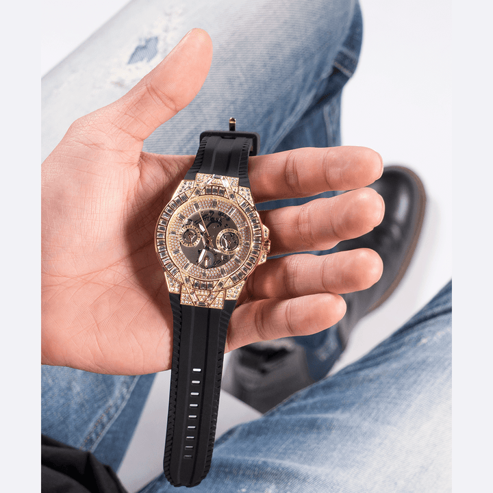 GUESS Mens Black Gold Tone Multi-Function Watch