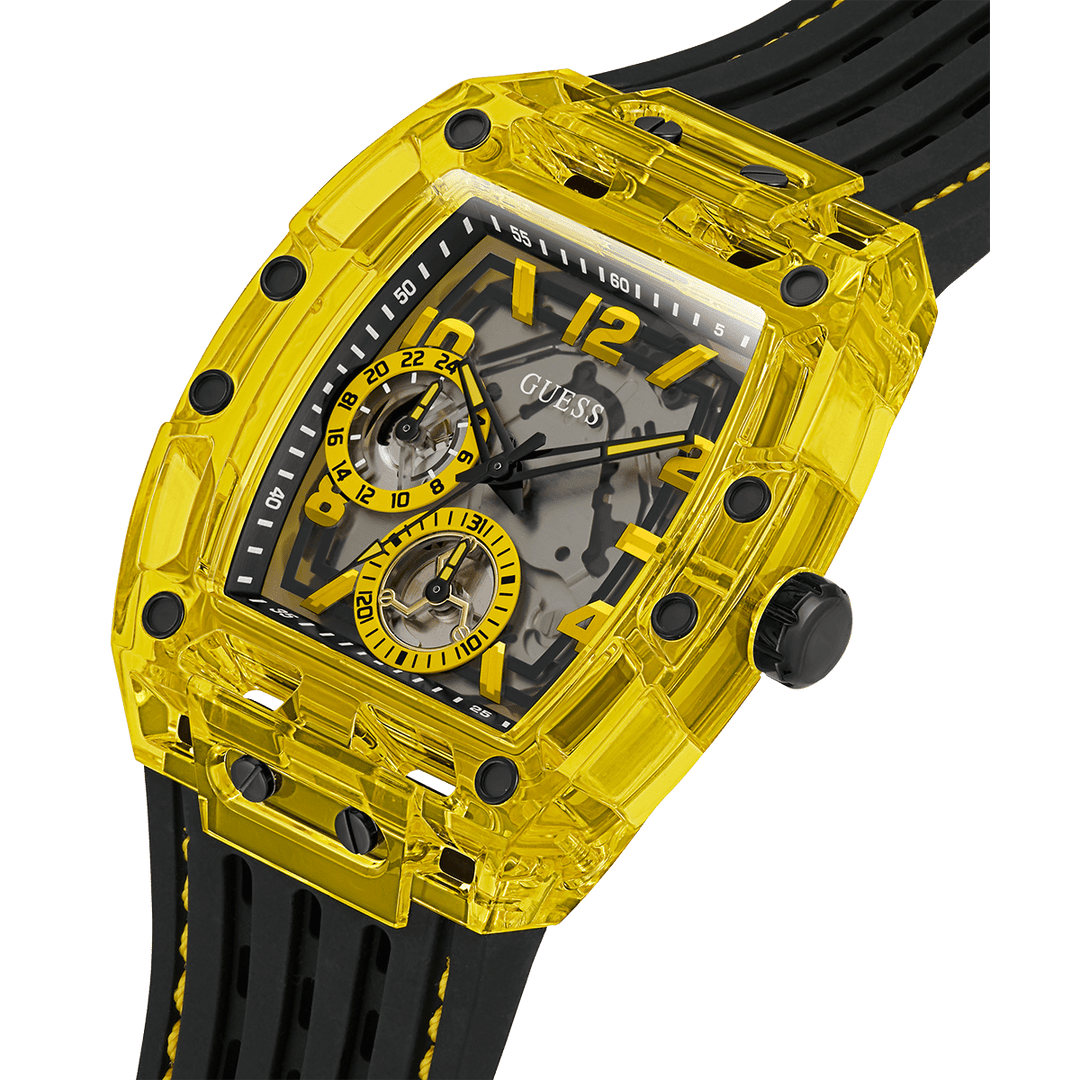 GUESS Mens Black Yellow Multi-Function Watch