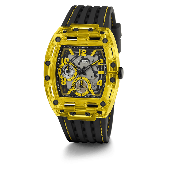 GUESS Mens Black Yellow Multi-Function Watch