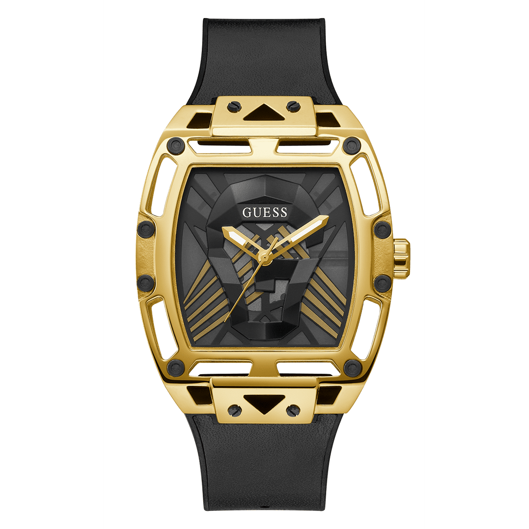 GUESS Mens Black Gold Tone Multi-Function Watch